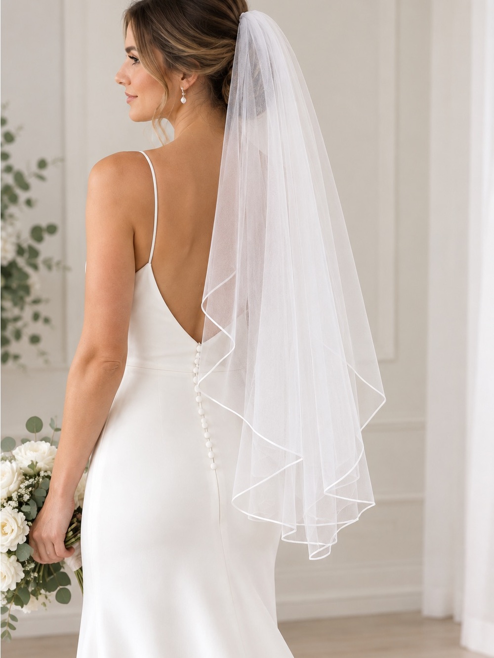 Classic Elegant Bridal Veil - White | 80"x45" Oval Veil with Satin Corded Edge